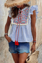 Load image into Gallery viewer, Sky Blue Stripe Geo Pattern Embroidered Tassel Flutter Blouse
