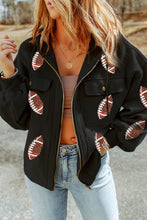 Load image into Gallery viewer, Black Sequined Football Pattern Pocketed Zipper Hooded Jacket
