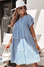 Load image into Gallery viewer, Beau Blue Ruffle Short Sleeve Tiered A-line Denim Dress
