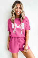 Load image into Gallery viewer, Rose Red Textured Baseball Bowknot Graphic Tee and Shorts Set
