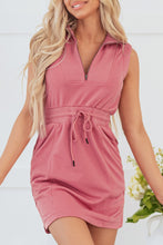 Load image into Gallery viewer, Mineral Red French Terry Zipped Collar Sleeveless Drawstring Waist Mini Dress
