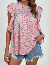 Load image into Gallery viewer, Ruffled Ditsy Floral Mock Neck Cap Sleeve Blouse
