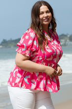 Load image into Gallery viewer, Plus Size Ruffled Printed Notched Short Sleeve Blouse
