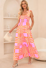 Load image into Gallery viewer, Pink Boho Gingham Tied Straps Smocked Maxi Dress
