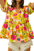 Load image into Gallery viewer, Green Floral Print V Neck Puff Sleeve Summer Blouse
