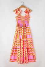 Load image into Gallery viewer, Pink Boho Gingham Tied Straps Smocked Maxi Dress
