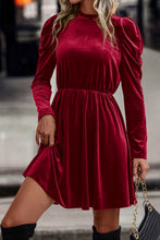 Load image into Gallery viewer, Red Dahlia Velvet Frilled Neck Gigot Sleeve Swing Dress
