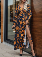 Load image into Gallery viewer, Split Printed Surplice Long Sleeve Midi Dress
