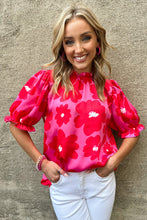 Load image into Gallery viewer, Rose Floral Puff Sleeve Frill Neckline Blouse
