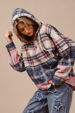 Load image into Gallery viewer, BiBi Drawstring Plaid Drop Shoulder Hoodie
