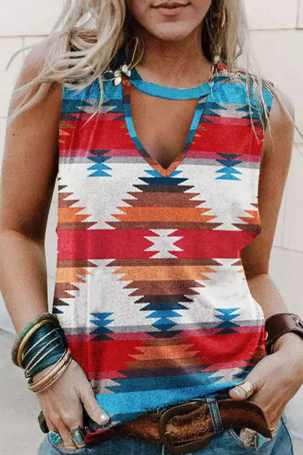 Womens / Teen Girls - Aztec Geometric Pattern Hollowed Neckline Tank Top