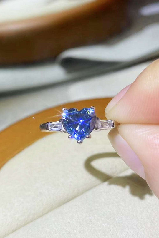 1 Carat Blue Heart-Shaped Moissanite - Platinum-Plated Ring with Zircon Accent Stones Ti Amo I love you