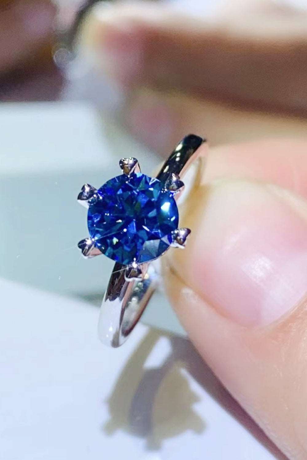 1 Carat Blue Round Moissanite 6-Prong 925 Sterling Silver Platinum Plated Solitaire Ring Ti Amo I love you