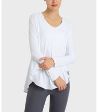 Load image into Gallery viewer, Light Thin Loose Moisture Wicking Yoga Workout Top Slimming Belly Covering Irregular Asymmetric Swing Circumference Quick Drying Long Sleeve
