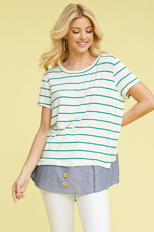 Plus Button Stripe Chambray Layered Tunic