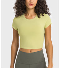 Load image into Gallery viewer, Stripe Rib High Strength Stretch Shaping Fitness Yoga Wear round Neck Slim Fit Slimming Sports Short Sleeve Women

