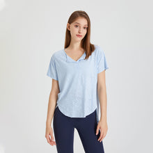 Load image into Gallery viewer, Summer Loose Breathable V neck Yoga Clothes Short Sleeved T shirt Snow Pattern Running Sports Blouse Workout Top Women

