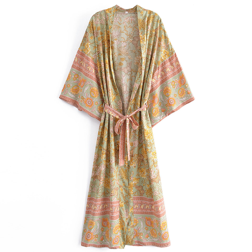 Spring Women Rayon Positioning Floral Belt Long Kimono Cardigan Kimono