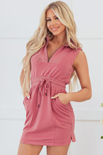 Load image into Gallery viewer, Mineral Red French Terry Zipped Collar Sleeveless Drawstring Waist Mini Dress
