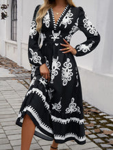 Load image into Gallery viewer, Devine Ruffled Printed Plunge Long Sleeve Dress
