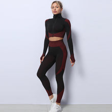 Load image into Gallery viewer, 11 Colors - 3pc Set - Yoga Seamless Gym Clothing Sports Set - Leggings + Crop Top + Jacket  - Fitness Gym Trackset Outfits Ti Amo I love you
