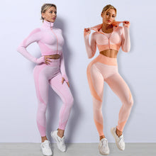 Load image into Gallery viewer, 11 Colors - 3pc Set - Yoga Seamless Gym Clothing Sports Set - Leggings + Crop Top + Jacket  - Fitness Gym Trackset Outfits Ti Amo I love you
