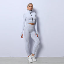 Load image into Gallery viewer, 11 Colors - 3pc Set - Yoga Seamless Gym Clothing Sports Set - Leggings + Crop Top + Jacket  - Fitness Gym Trackset Outfits Ti Amo I love you
