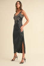 Load image into Gallery viewer, Mable Embroidered Cami Satin Midi Slit Dress
