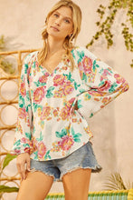 Load image into Gallery viewer, White Notch V Neck Floral Pleated Puff Sleeve Blouse
