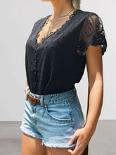 Load image into Gallery viewer, Swiss Dot Lace Detail V-Neck Cap Sleeve Blouse
