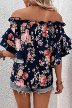 Load image into Gallery viewer, Blue Ruffle Off Shoulder Flounce Sleeve Floral Blouse
