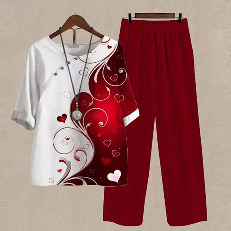 12 styles - 2pc Set - Women's Casual O Neck Short Sleeve Shirt + High Waist Loose Pants Set Ti Amo I love you