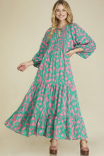 Load image into Gallery viewer, Green Abstract Print Puff Sleeve Tied Notched Neck Long Dress
