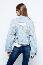 Load image into Gallery viewer, Rhinestone Fringe Distressed Denim Jacket
