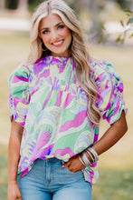 Load image into Gallery viewer, Green Abstract Print Bubble Sleeve Smock Detail Blouse
