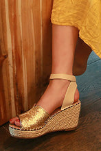 Load image into Gallery viewer, Espadrille-Platform Sequin Gold Matte Wedge
