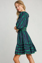 Load image into Gallery viewer, Umgee Ribbon Print Frill Contrast Velvet Trim Half Sleeve Dress
