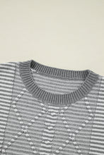 Load image into Gallery viewer, Gray Stripe Geometric Textured Drop Shoulder Sweater
