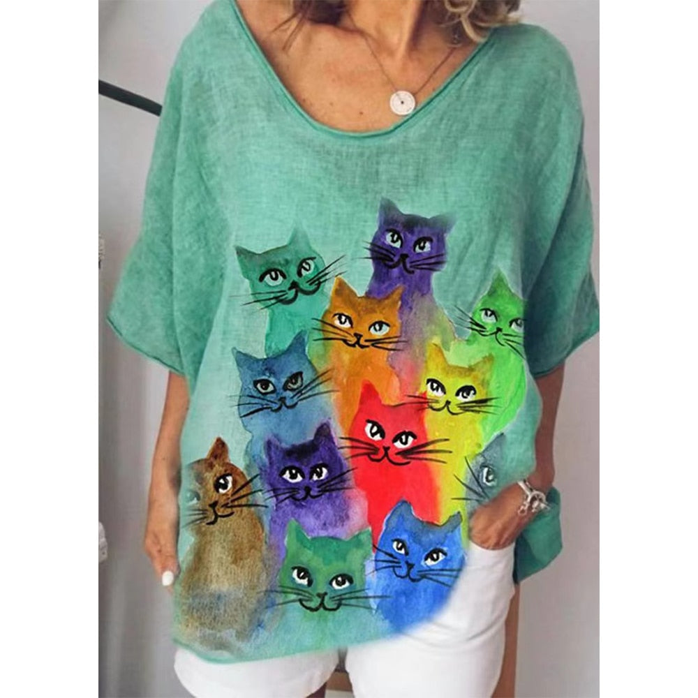 13 Styles - Women's T Shirt Whimsical Cat Graphic V-Neck Short Sleeve Tees Ti Amo I love you