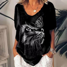 Load image into Gallery viewer, 13 Styles - Women&#39;s T Shirt Whimsical Cat Graphic V-Neck Short Sleeve Tees Ti Amo I love you
