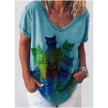 Load image into Gallery viewer, 13 Styles - Women&#39;s T Shirt Whimsical Cat Graphic V-Neck Short Sleeve Tees Ti Amo I love you
