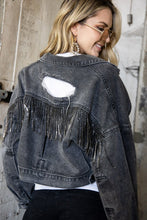 Load image into Gallery viewer, Rhinestone Fringe Distressed Denim Jacket
