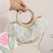 Load image into Gallery viewer, Fairy Feather Crossbody Straw Bag Cute Portable Semicircle Straw Bag Woven Bag Rattan Weave Bag Seaside Vacation Beach Bag
