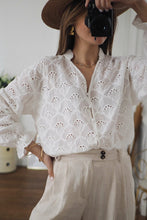 Load image into Gallery viewer, White Fanshaped Lace Hollow out Split Neck Puff Sleeve Blouse
