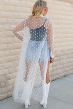 Load image into Gallery viewer, White Polka Dot Print Collared Buttoned Mesh Duster Kimono
