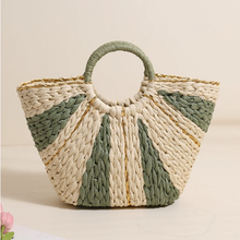 Load image into Gallery viewer, Pastoral Large Capacity Portable Straw-Weaved Bag Contrast Color Hand Carrying Straw Bag Woven Bag Vacation Beach Bag Vegetable Basket
