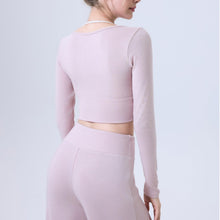 Load image into Gallery viewer, Nude Feel Contrast Color Yoga Clothes Long Sleeve Semi Fixed Cup Running Slim Sports Bra Breathable Workout Top
