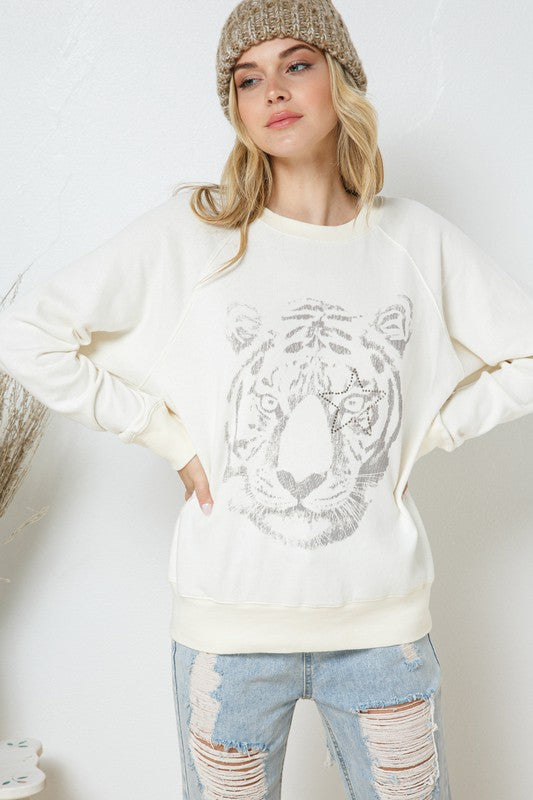 French Terry Tiger Studded Star Graphic Sweatshirt