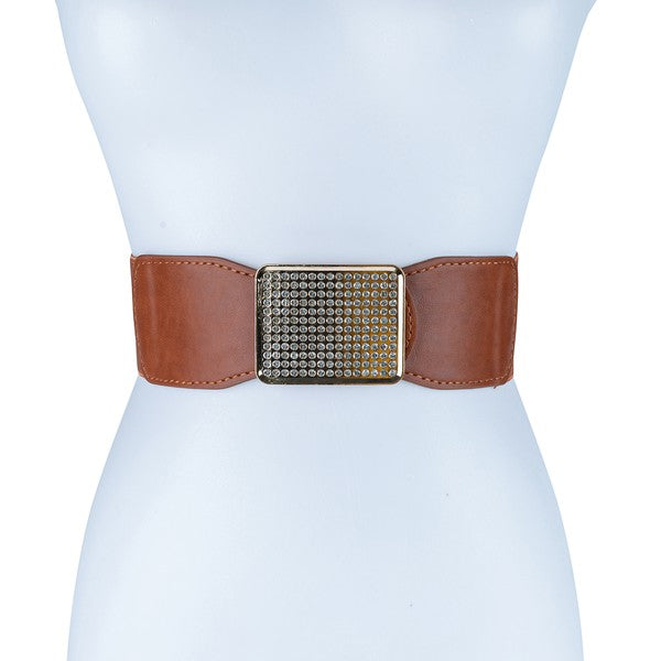 Rectangle Rhinestone Smocked Leather Belt