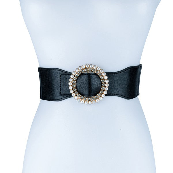 Pearl and Rhinestone Round Buckle Belt